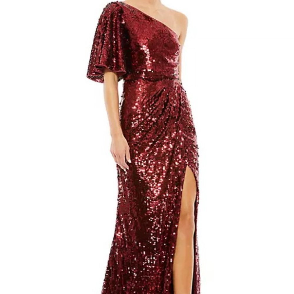 Mac Duggal Burgundy Red One-Shoulder Sequin Column Gown
